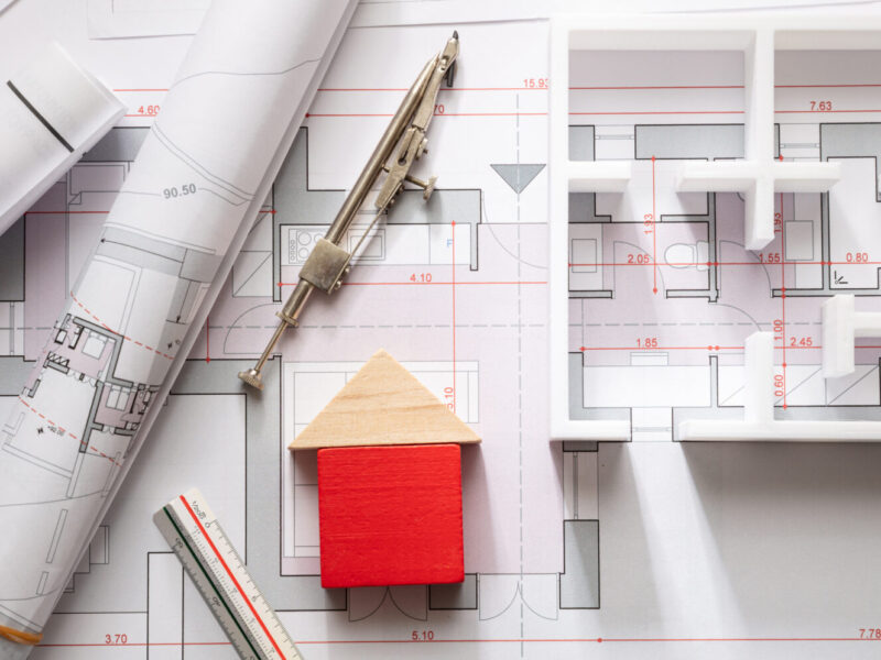 House model and blueprint plans, residential building project architectural design, banner